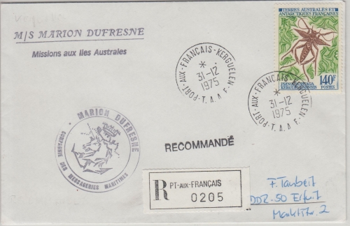 TAAF - 140 Fr. Insekten Einschreibebrief PT aux Francais Kerguelen - Erfurt 1975