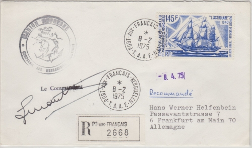 TAAF - 145 Fr Segler L'Astrolabe Einschreibebrief Pt aux Francais Kerguelen 1975