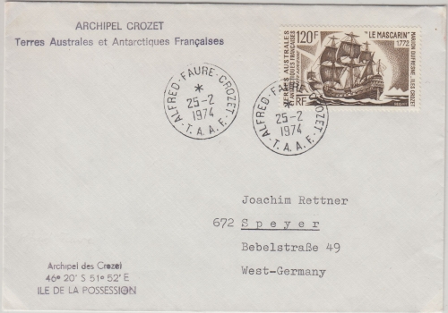 TAAF - 120 Fr Segler Le Mascarin Brief Alfred Faure Crozet 1974