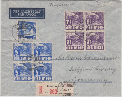 Niederl. Indien - 5 C. Reisfeld 4er-Block u.a. Luftpost Einschreibebrief 1937