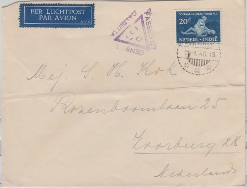 Niederl. Indien - 20 C. Sociaal Bureau Luftpostbrief Medan Koorburg 1940 Zensur