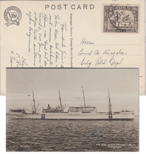 Aden - 2 As, Freimarke Karte (AK MS Fiona) i.d. SCHWEIZ Aden - Bern 1947