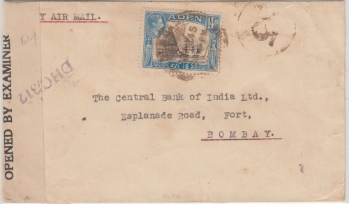 Aden - 14 As. Freimarke Luftpost Zensurbrief n. INGIEN Aden - Bombay 1945
