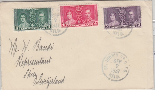 Newfoundland - Coronation Satzbrief i.d. SCHWEIZ St. John's - Spiez 1937