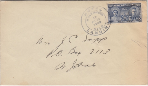 Newfoundland - 5 C. Royal Landing Brief/FDC ESST Holyrood - St. Johns's 17.6.39