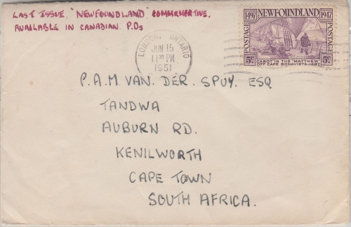 Newfoundland - 5 C. Cabot Brief n. SÜDAFRIKA London Ont. - Cape Town 1951