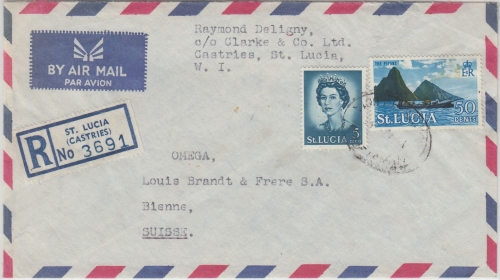 St. Lucia - 50+5 C. Freimarken Luftpost Einschreibebrief i.d. SCHWEIZ 1964