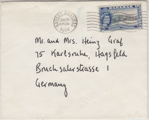 Bahamas - 10 P. Eilsabeth Freimarke Brief Nassau - Karlsruhe 1964