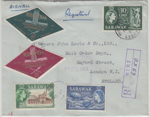 Sarawak - 25 C. Elisabeth/Freimarke u.a. Luftpost Einschreibebrief Miri 1963