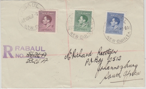 New Guinea - 1 Sh. Coronation George u.a. Einschreibebrief n. Südafrika 1937