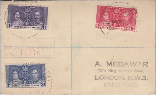 Solomon Islands - Coronation Satz Einschreibebrief Tulagi - London 1937