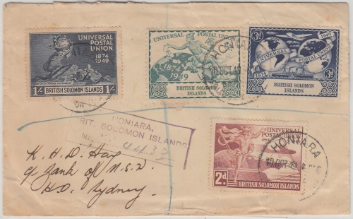 Solomon Islands - 75 Jahre UPU Satz Einschreibebrief/FDC Hoinara Sydney 10.10.49