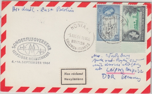 Solomon Islands - Leipziger Herbstmesse Sonderflug Zuleitungspost Honiara 1964