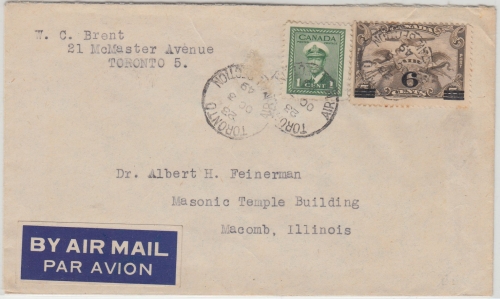 Kanada - 6/5 C. Flugpost/Überdruck u.a. Luftpostbrief n. USA Toronto Macomb 1949