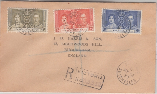 Seychellen - Coronation Satz Einschreibebrief/FDC Victoria - Birmingham 12.5.37