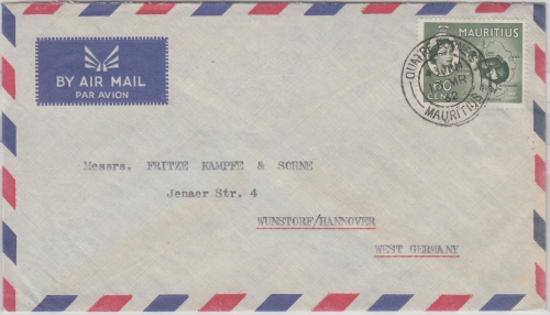 Mauritius - 60 C. Freimarke Luftpostbrief Quatre Bornes - Wunstorf 1962