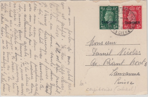 Brit. Post Tanger - 1 + 1/2 P. George/Überdruck Karte Tangier - Lausanne 1938