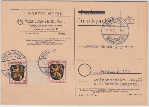 FZ/Allg. - 3 Pfg. Wappen Zwischenstegpaar Drucksache Meersburg - Berlin 1946