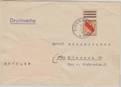 FZ/Allg. - 8 Pfg. Wappen Drucksache >20g württ. K1 Eisenharz 16. JUL 46