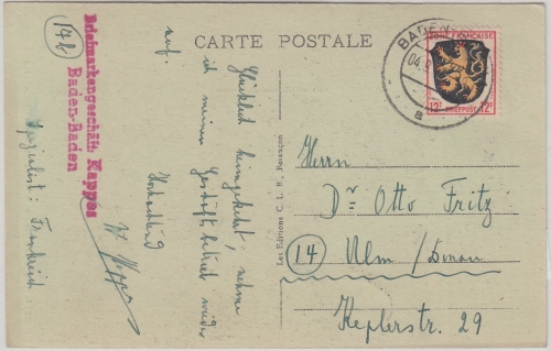 FZ/Allg. - 12 Pfg. Wappen frz. Ansichtskarte Baden-Baden - Ulm 1946 - Text !
