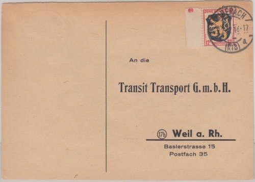 FZ/Allg. - 12 Pfg. Wappen Karte Biberach - Weil a/Rh 1947 - Text !!