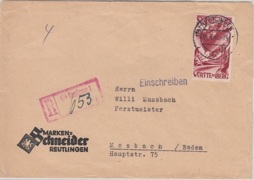 FZ/Württ. - 84 Pfg. 2. Ausg. Einschreibebrief Reutlingen - Mosbach 1948