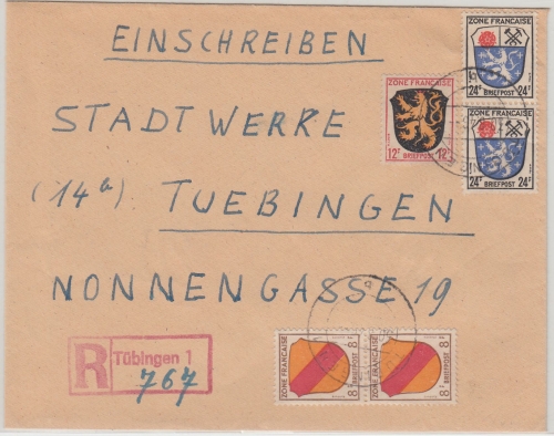 FZ/Allg. - 2x24 Pfg. Wappen ua. Ortseinschreibebrief Tübingen 1946 76 Pfg.-Tarif