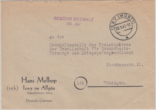 FZ/Württ. - Isny 23.1.47 Gebühr bezahlt 24 Rpf. L2 Brief n. Tübingen