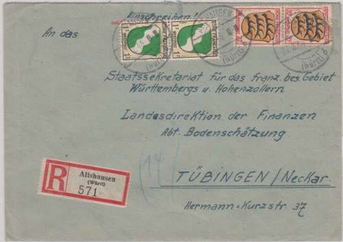 FZ/Allg. - 2x20+2x1 Pfg. Wappen Einschreibebrief Altshausen - Tübingen 27.2.46