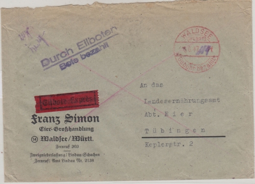 FZ/Württ. - Waldsee 1947 Gebühr bezahlt Tagesstempel Eilbrief n. Tübingen