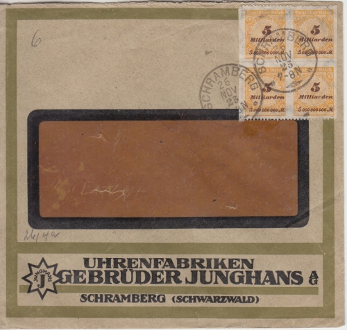 DR-Infla - 5 Mrd. Korbdeckel dst. 4er-Block Firmenbrief Schramberg 26.11.23