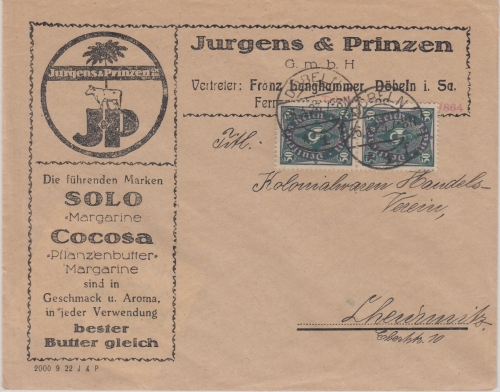 DR-Infla - 2x50 M. Posthorn illustr. Firmenbrief Döbeln - Chemnitz 26.3.23