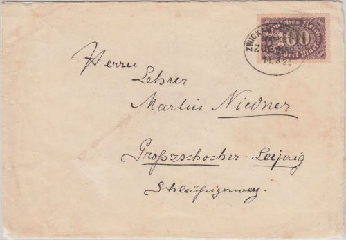 DR-Infla - Bahnpost Zwickau Oelsnitz zug 3159 100 M. Queroval Brief n. Leipzig