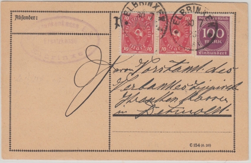 DR-Infla - 100 M. Ziffer u.a. Karte K1 Elbrinxen - Detmold 30.7.23