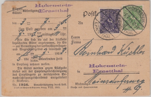DR-Infla - 20+40 M. Posthorn Frachtgutbenachrichtigung Hohenstein-Ernstthal 1923