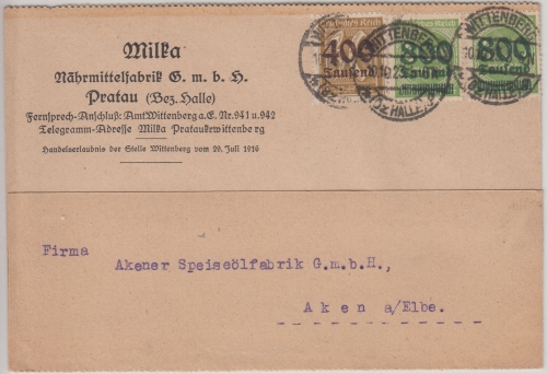 DR-Infla - 400 Tsd/30 Pfg. Ziffer u.a. Firmenkarte Pratau - Aken 10.10.23