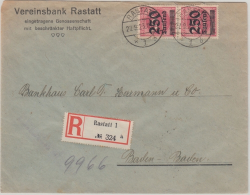 DR-Infla - 2x250 Tsd./500 M. Ziffer Einschreibebrief Rastatt Baden-Baden 27.9.23