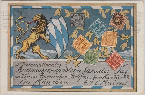Bayern - München 2. Int. Briefmarken-Händler- u. Sammler-Tag 1921 farb. AK