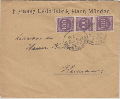 DR-Infla - Bahnpost Hannover Cassel Zug 772 Brief Hann. Münden Hannover 27.7.23