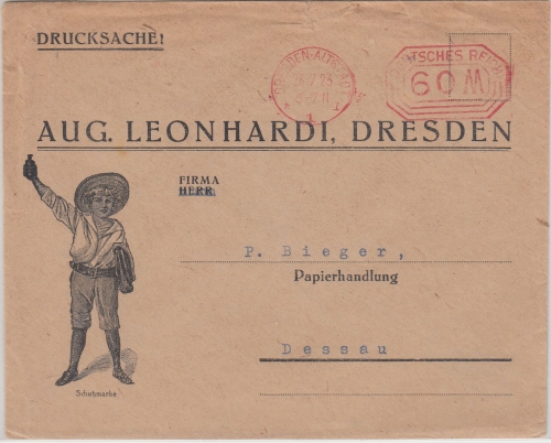 DR-Infla - 60 M. Postfreistempel illustr Drucksachenbrief Dresden Dessau 23.7.23