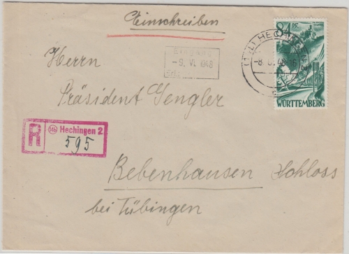 FZ/Württ. - 84 Pfg. 1. Ausg. Einschreibebrief Hechingen - Bebenhausen 1948