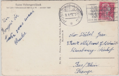 BRD - Poste aux Armees 1955 franz. Feldpostkarte AK Hohengeroldseck - Strasbourg
