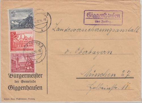 DR - Giggenhausen ü. Freising Landpost-Ra2 Brief n. München 1939