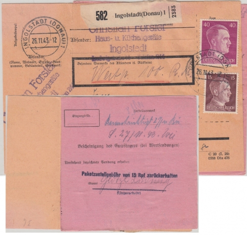 DR - Ingolstadt 1943 Wertpaketkarte m. anhgd. Notpaketkarte n. Regensburg