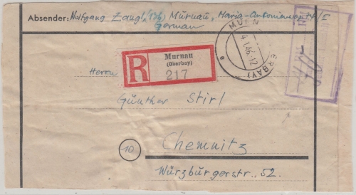 All.Bes. - Murnau 4.1.46 Gebühr bezahlt Einschreibebrief>250g (Vds.) n. Chemnitz