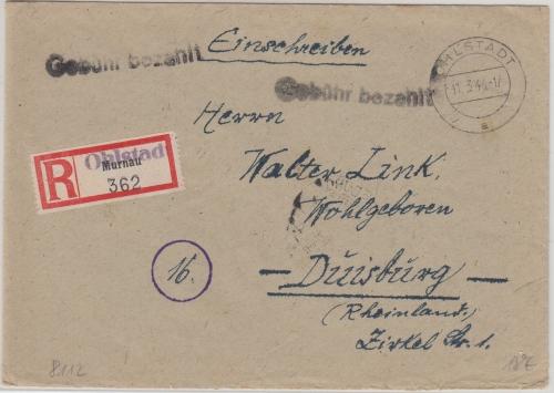 All.Bes. - Ohlstadt 11.3.46 Gebühr bezahlt Einschreibebrief n. Duisburg