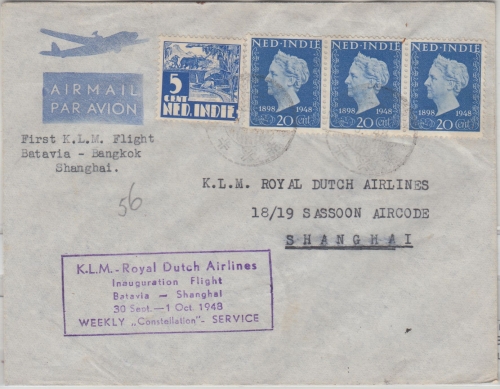 Niederl. Indien - KLM 1st-flight Batavia Bangkok Shanghai 1948 Luftpostbrief