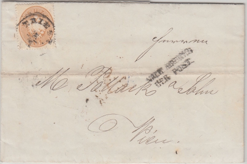 Österreich - 15 Kr. Doppeladler Brief Triest - Wien 1864 "Nach Abgang der Post"