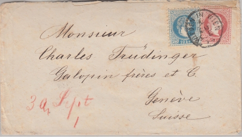 Österreich - 5 Kr. Fr.Joseph Ganzsache+Zusatz i.d. SCHWEIZ Weiden - Genf 1872