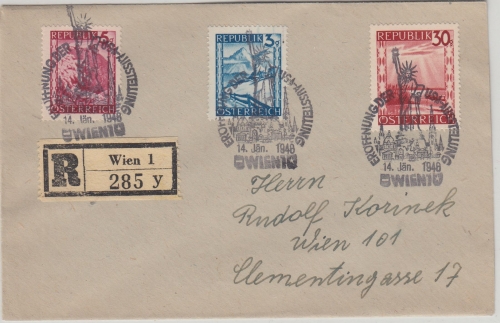 Österreich - 30+5+3 Gr. Landschaften Orts-Einschreibebrief SST Wien 1948
